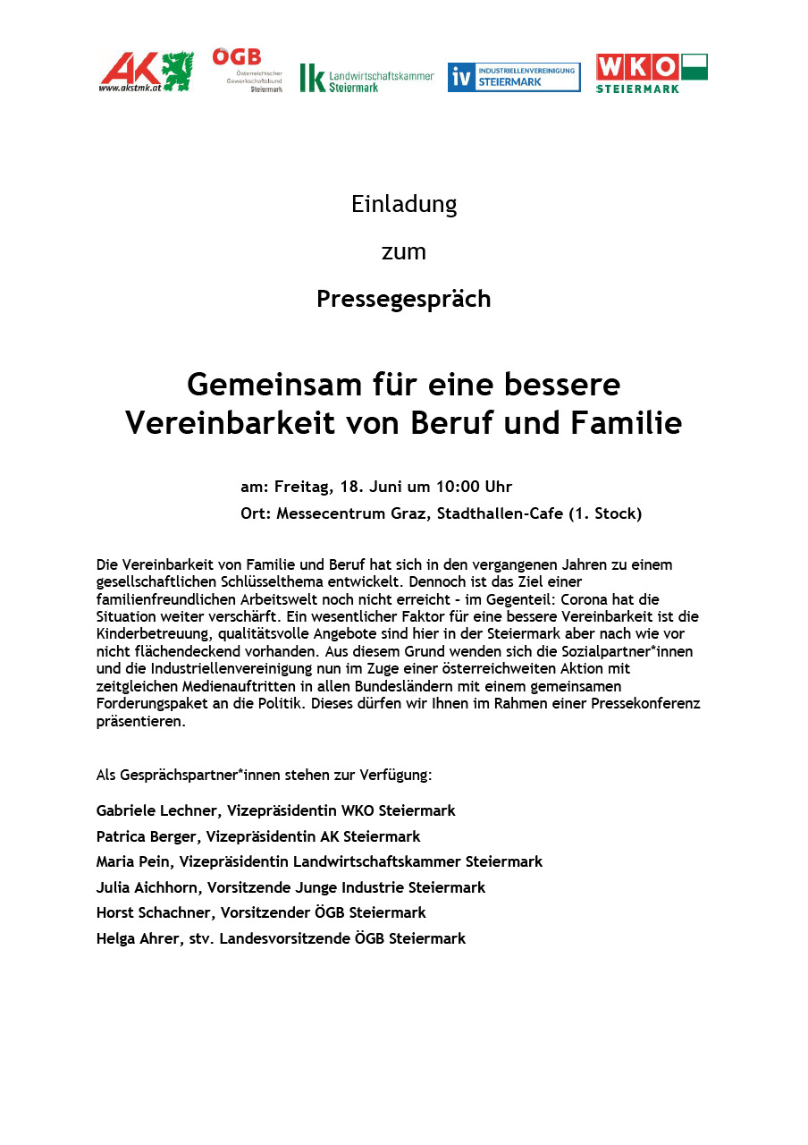 Einladung PK der Sozialpartner und IV zur Vereinbarkeit von Beruf und Familie